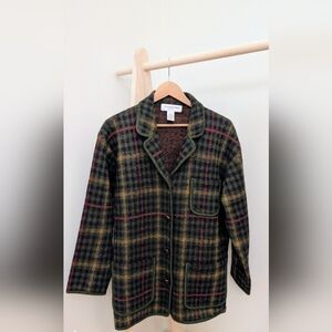 Vintage Collared Plaid Button Down Wool Jacket in Forest Green/Navy/Red